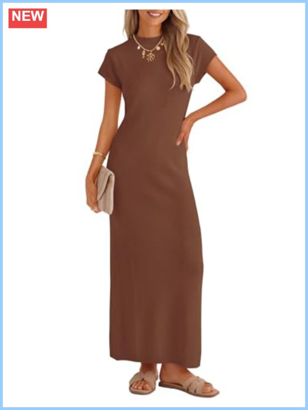 Bodycon Knit Short Sleeve Sweater Maxi Dress Crewneck Slim Fit Back Slit